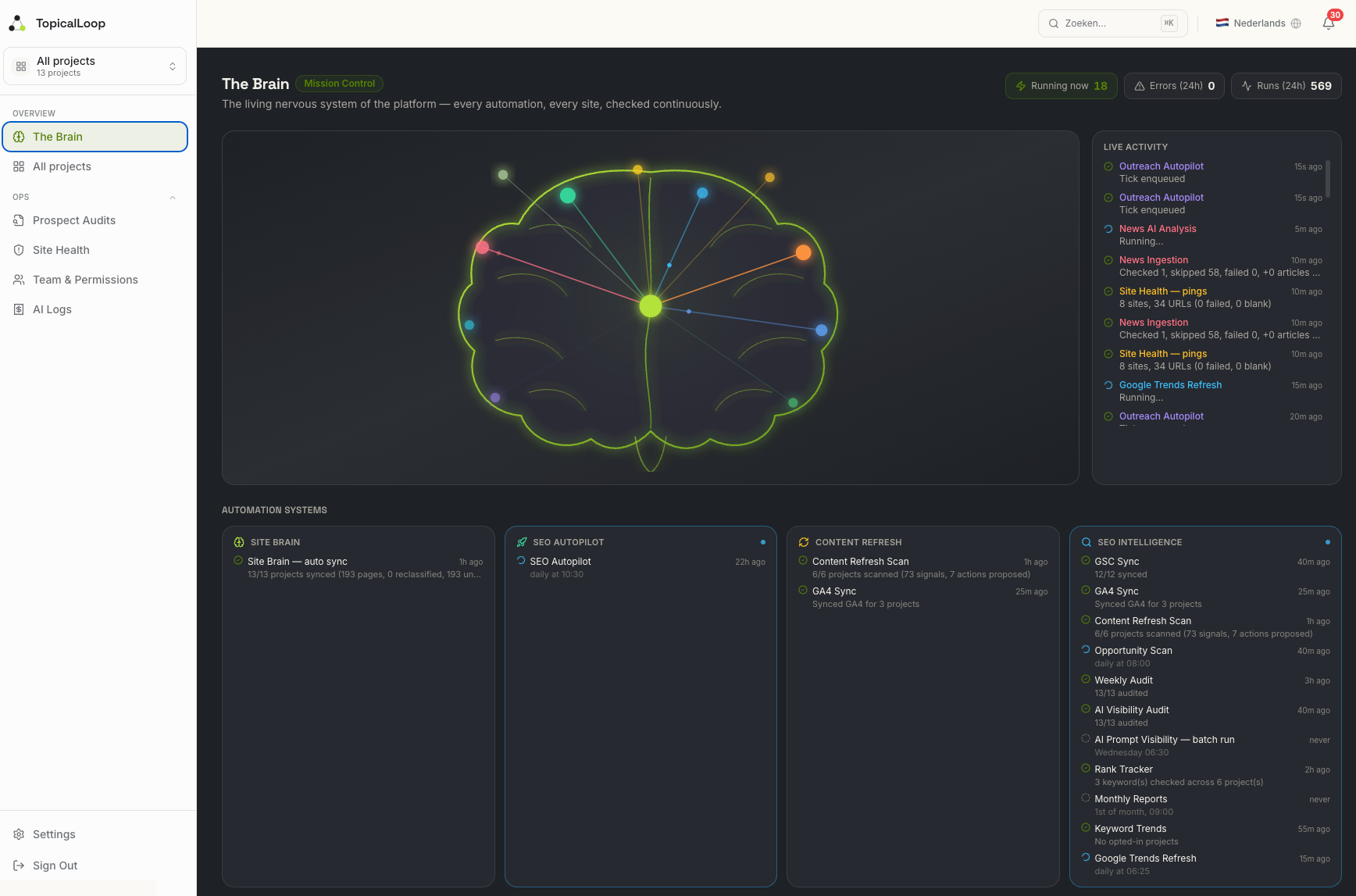 TopicalLoop Site Brain live automation view