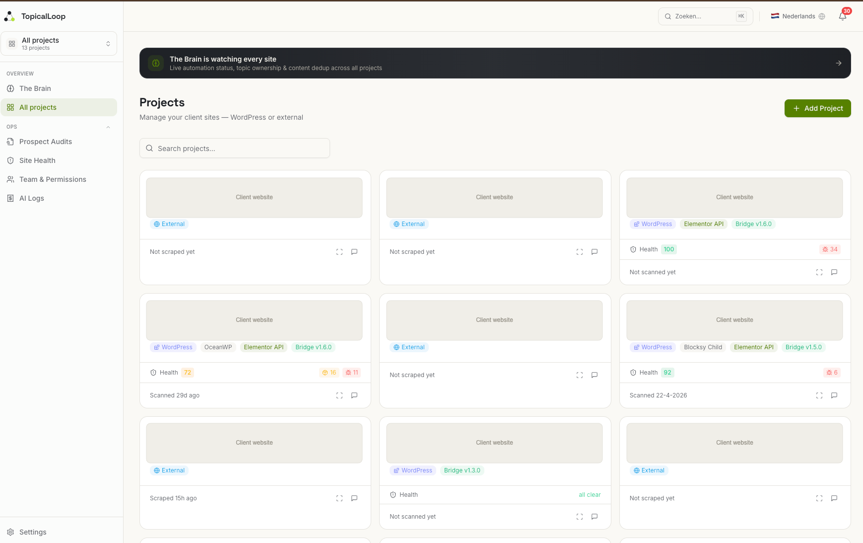TopicalLoop multi-client project grid